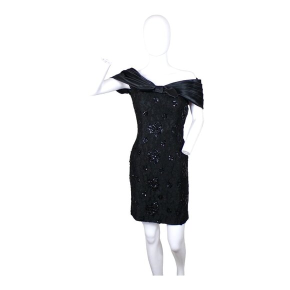 Vintage 70's/80's Cache Sequin Cocktail Dress Off Shoulder Satin Bow Sz 6 #792 - Picture 1 of 12